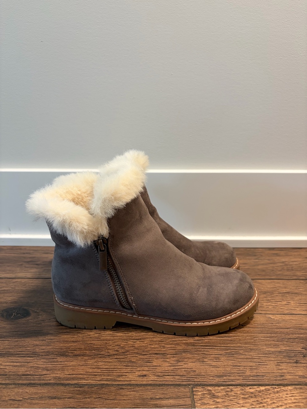 Women’s Gray Suede Faux-Fur Ankle Boots